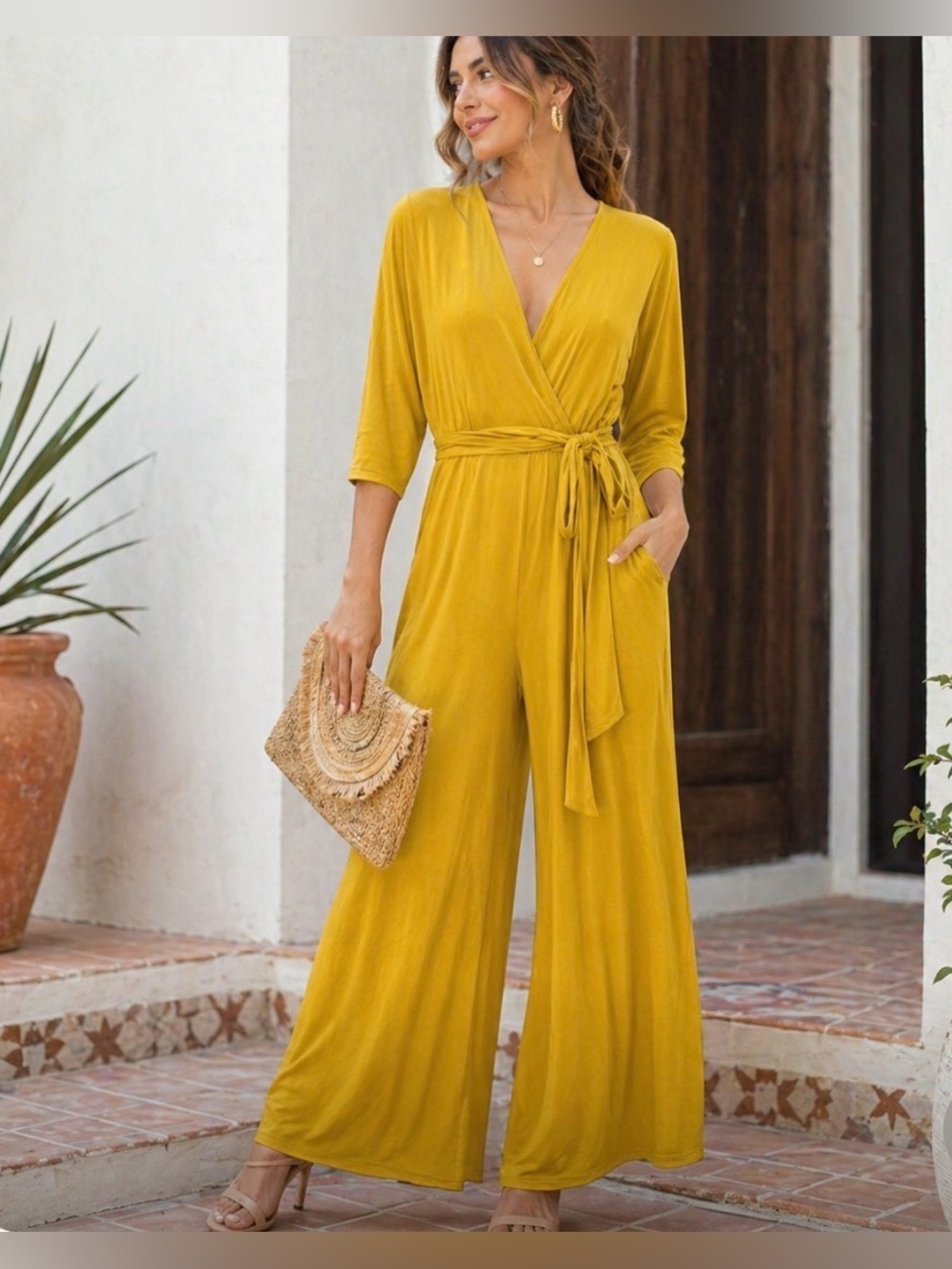 Thyme & Honey Chic Mustard Wrap Jumpsuit, smallu